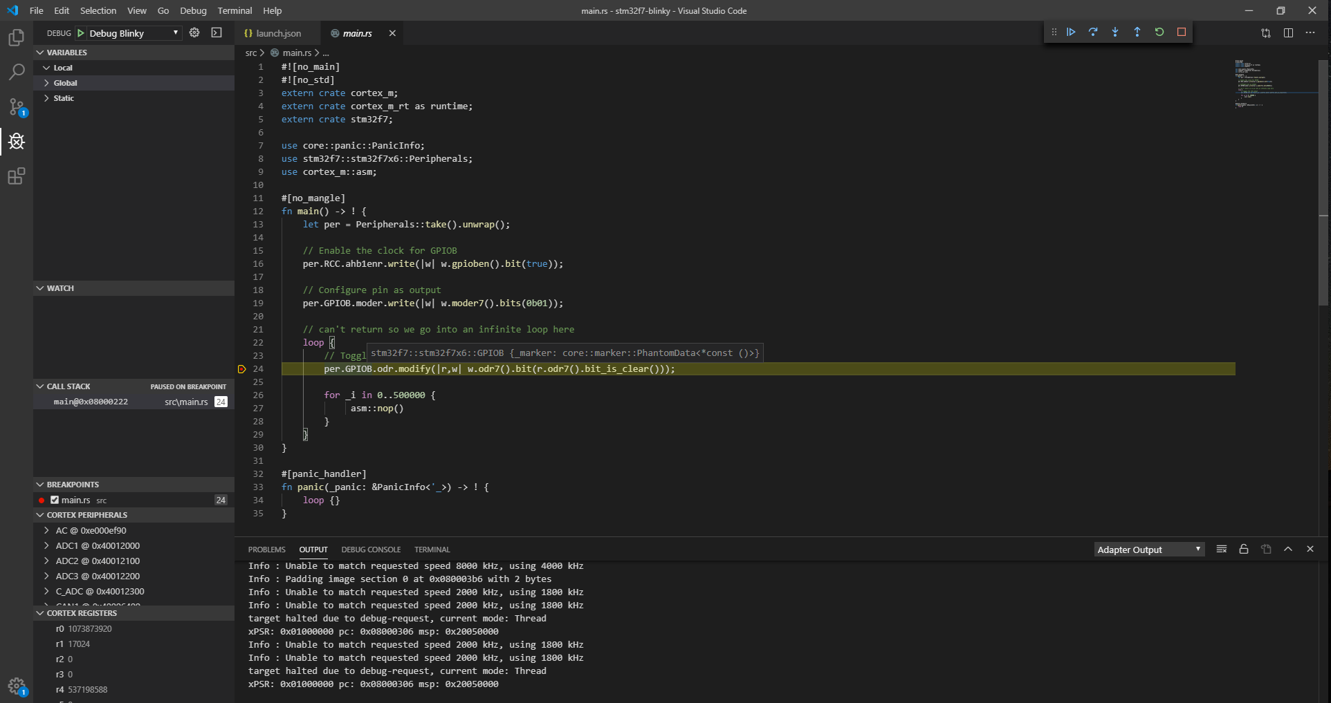 VS Code STM32F7 Debug example